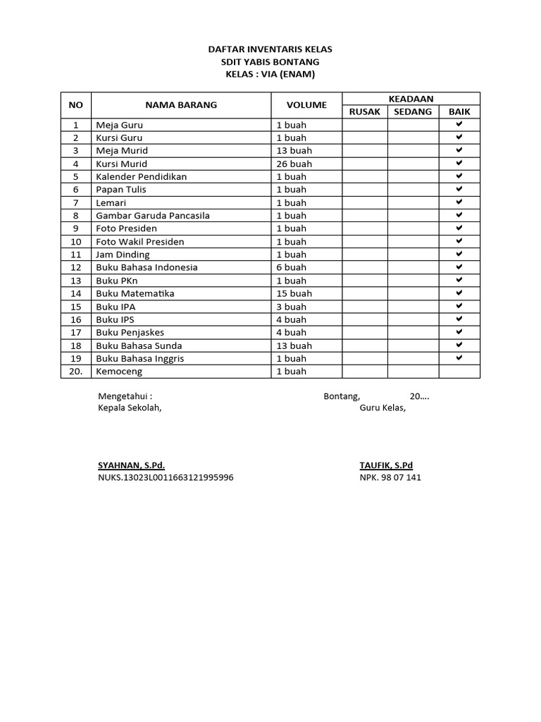 Daftar Inventaris Kelas | PDF