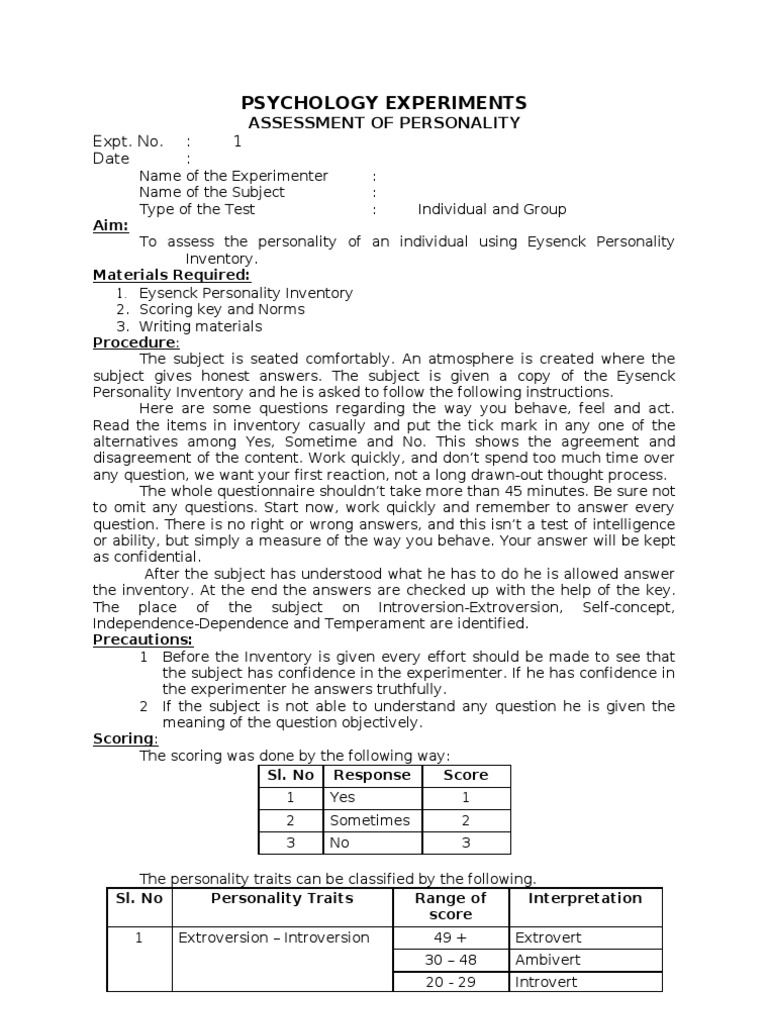 Psychology Experiments and Procedures | PDF | Extraversion And ...