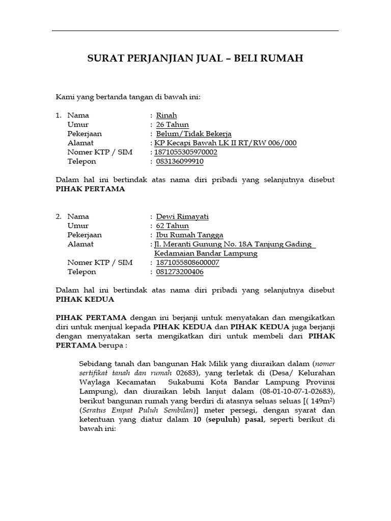 Surat Perjanjian Jual Beli Rumah 2024 | PDF