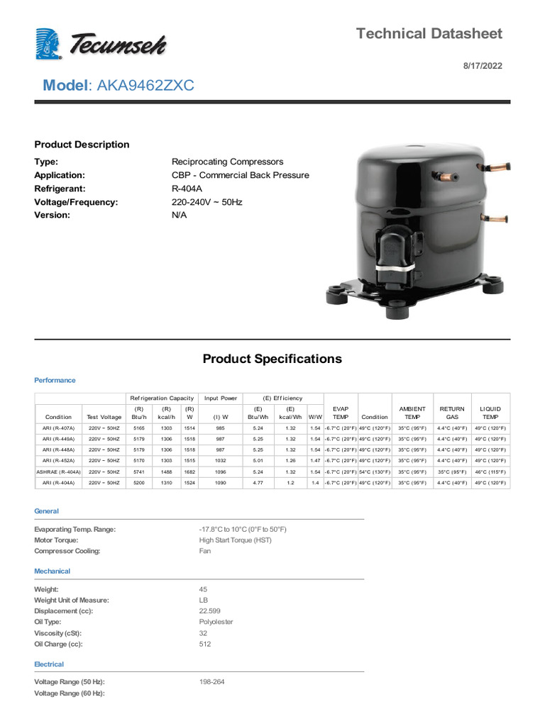 AKA9462ZXC Compressor Specs | PDF | Electric Motor | Mains Electricity