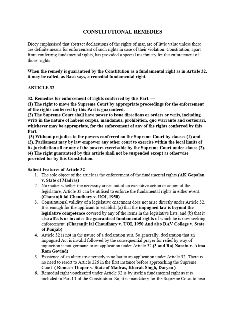 Article 32 vs Article 226: Remedies Explained | PDF | Writ | Habeas Corpus