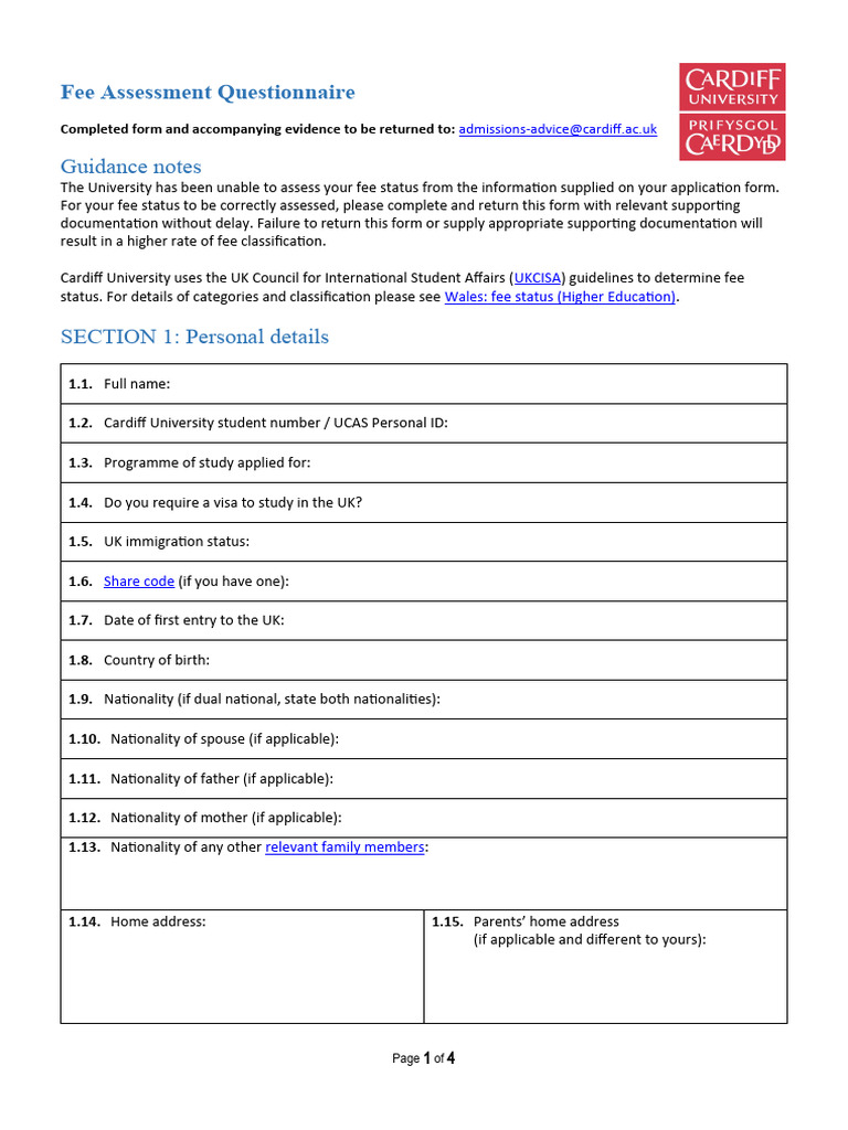 Fee Assessment Questionnaire Instructions | PDF | Asylum Seeker | Justice