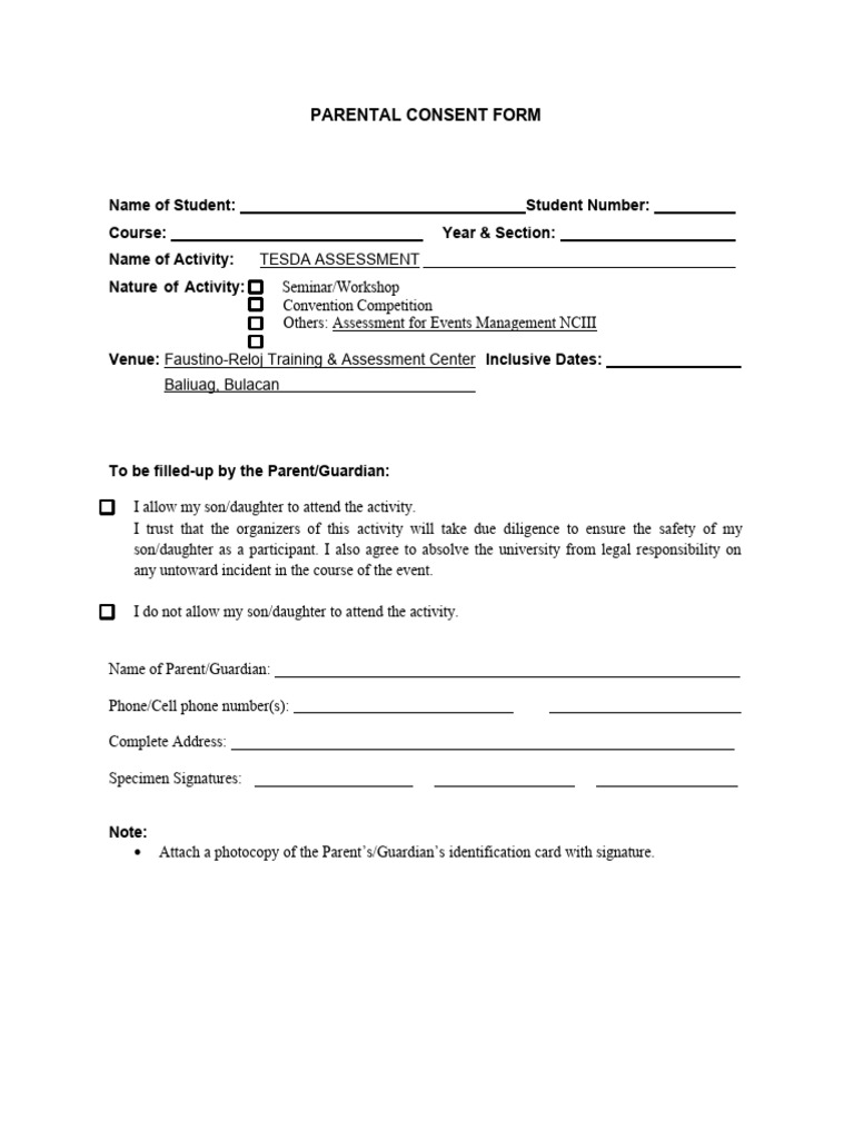 Parental Consent Form for TESDA Assessment | PDF