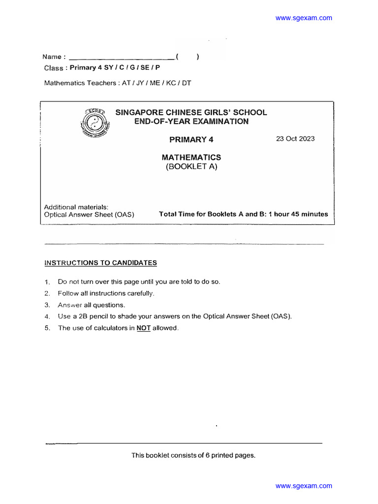 Primary 4 Mathematics Exam 2023 | PDF