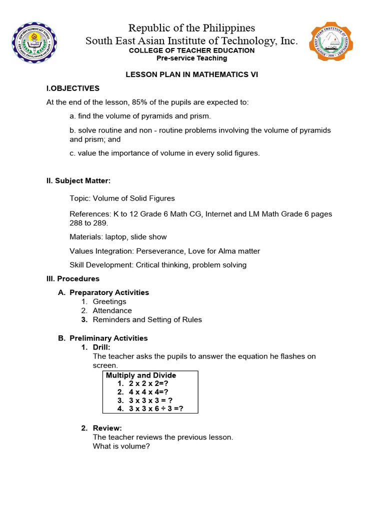 Lesson Plan: Volume of Solids for Grade 6 | PDF | Volume | Teachers