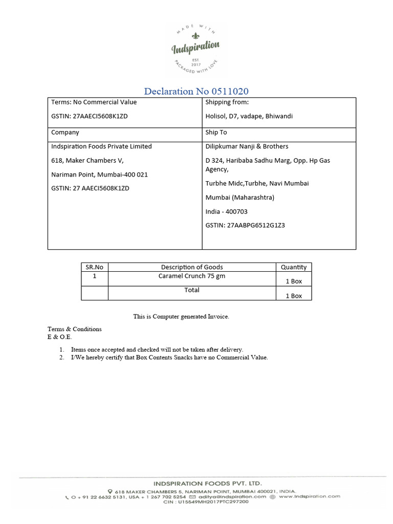 Invoice for Caramel Crunch Snacks | PDF