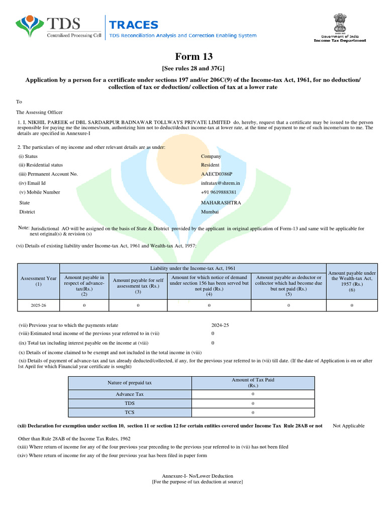 Form 13 Original Aaecdxxxxp 2024-25 | PDF | Income Tax | Taxes
