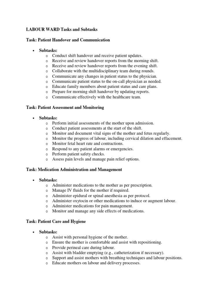 Labour Ward Nursing Tasks Overview | PDF | Childbirth | Medical Specialties