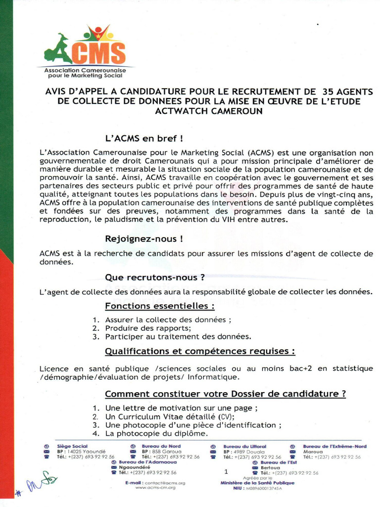Avis D'appel A Candidature Pour Le Recrutement de 35 Agents de Collecte ...