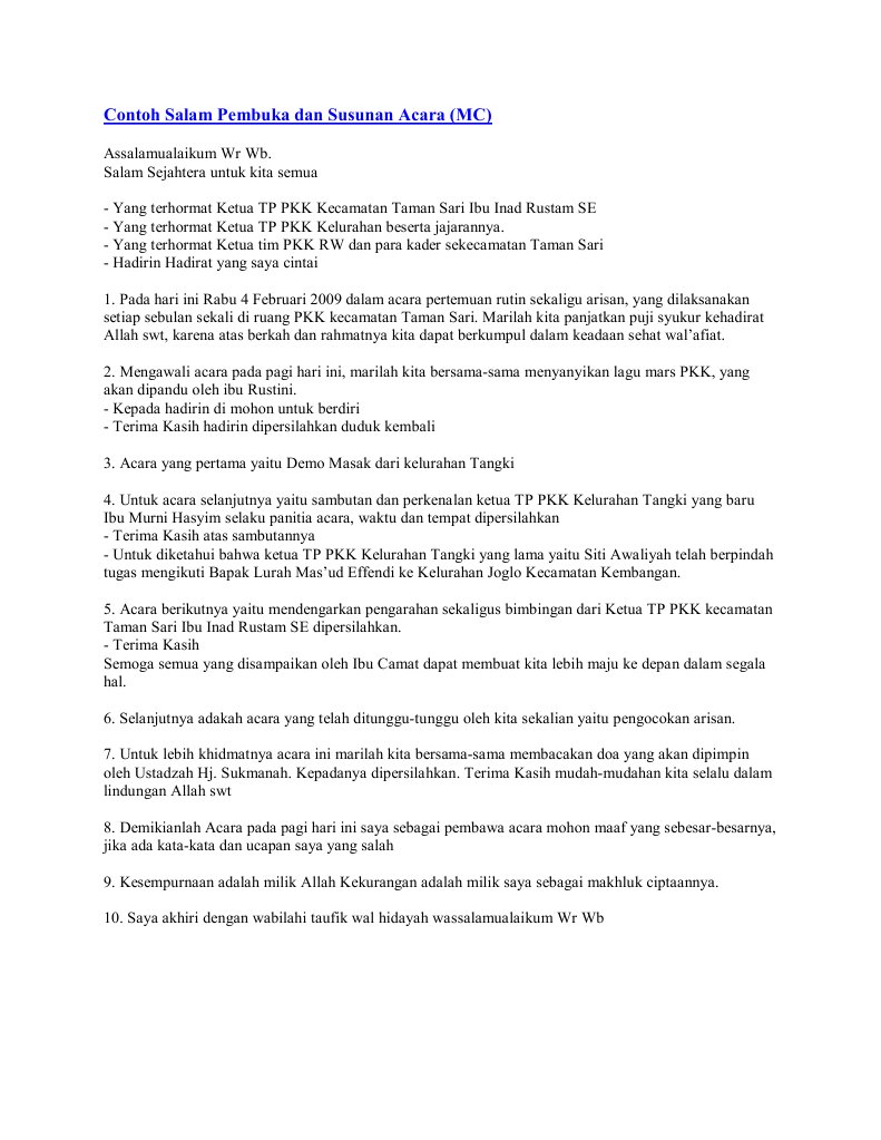 Contoh Salam Pembuka Dan Susunan Acara