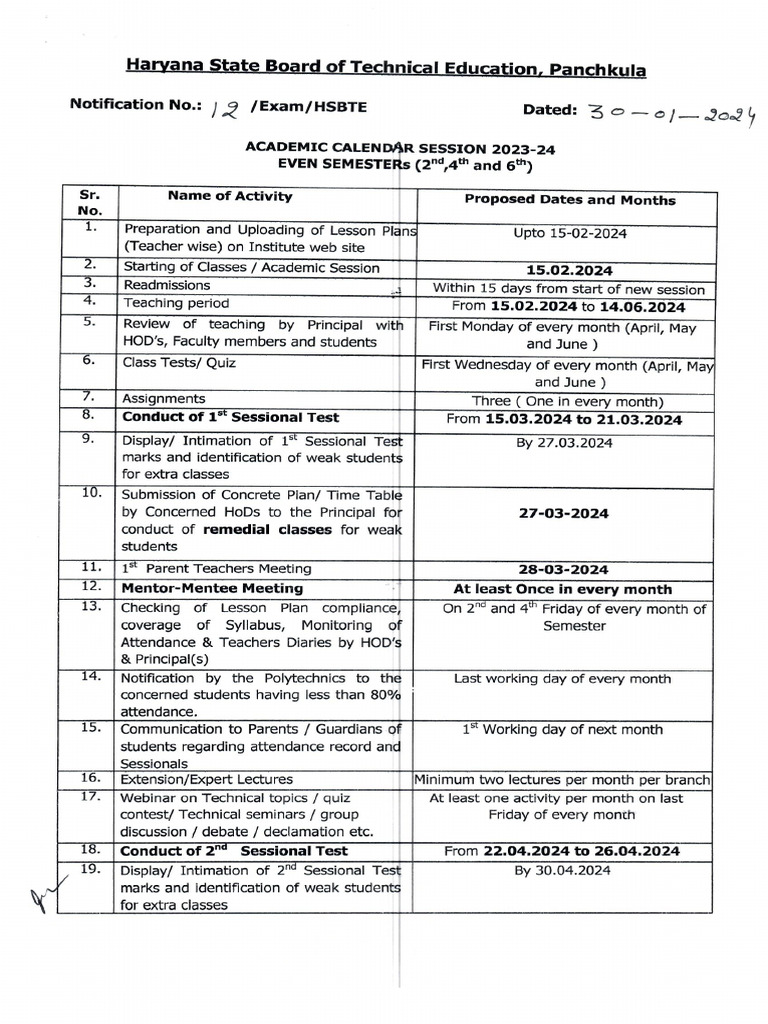 Academic Calendar Session 2023-24 Even Semester - 2nd - 4th and 6th | PDF