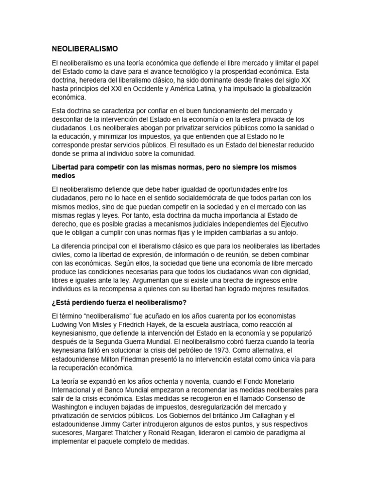 Neoliberalismo: Impacto y Evolución | PDF | Neoliberalismo | Globalización