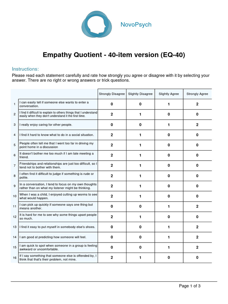 Empathy Quotient 40-Item Questionnaire | PDF | Empathy | Psychological ...