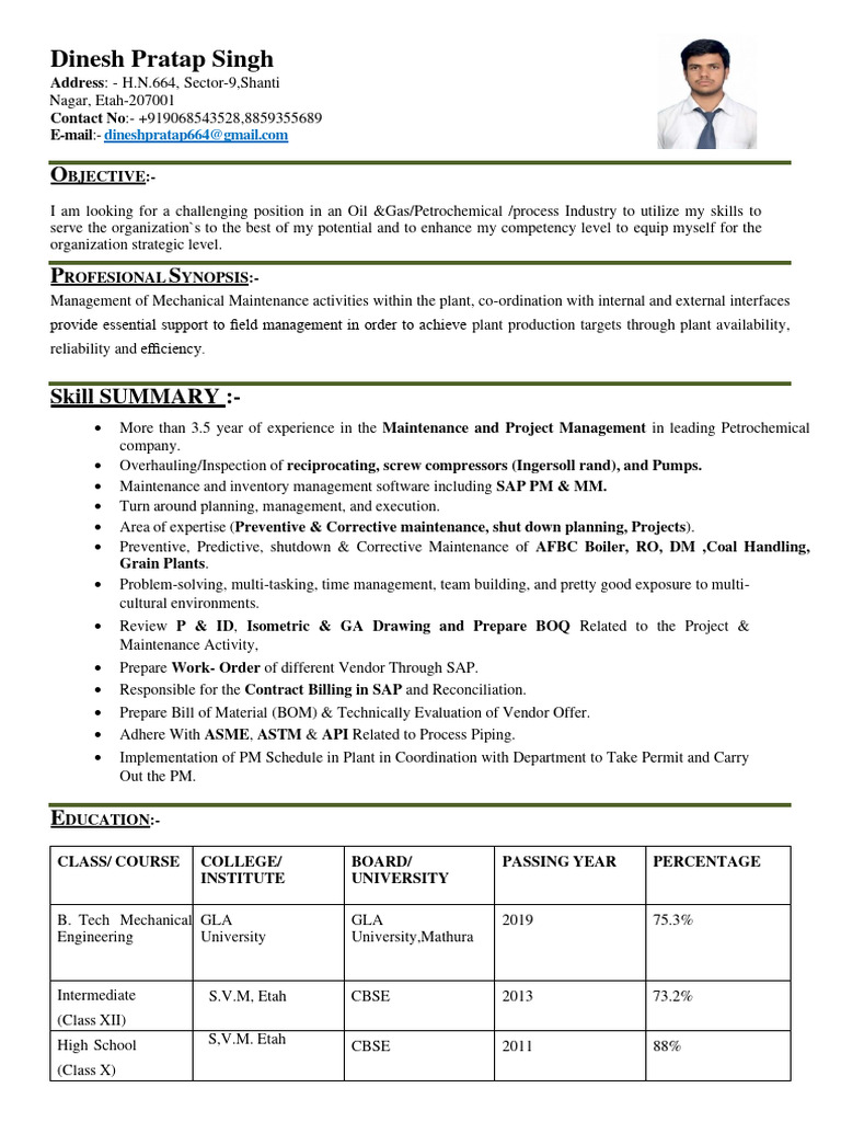Dinesh Pratap Singh: Maintenance Engineer Resume | PDF | Pump ...