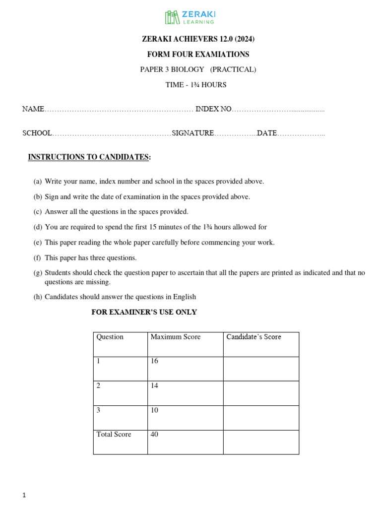 KCSE 2024 Biology Paper 3 Practical | PDF | Biology