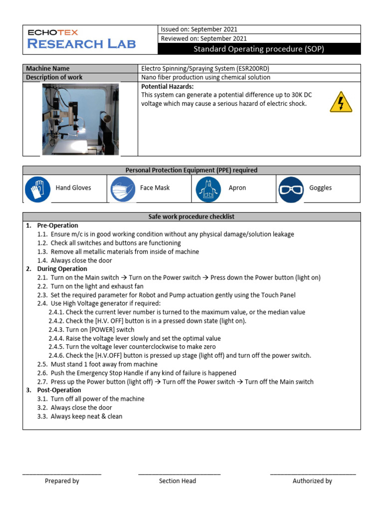 SOP of Electrospinning Procedure Sample | PDF
