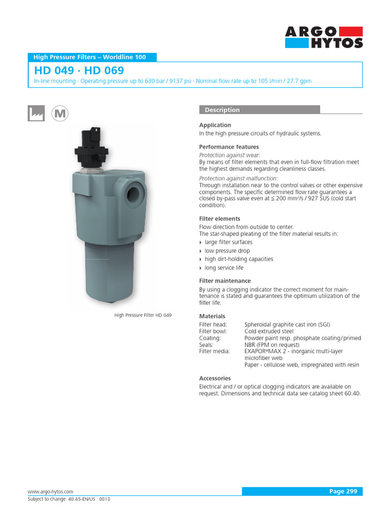 Filtr Ciśnieniowy ARGO HYTOS HD049 - HD069 - 40.45 - EN - US Karta ...
