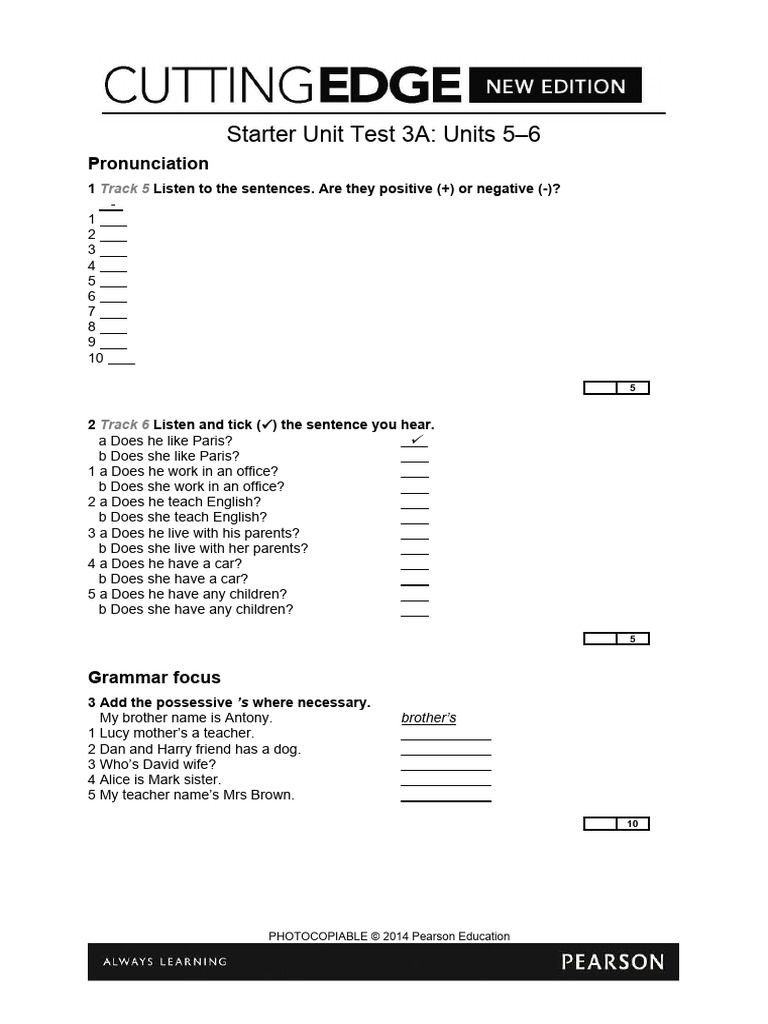 Starter Unit Test 3A: Grammar & Vocabulary | PDF | English Language ...