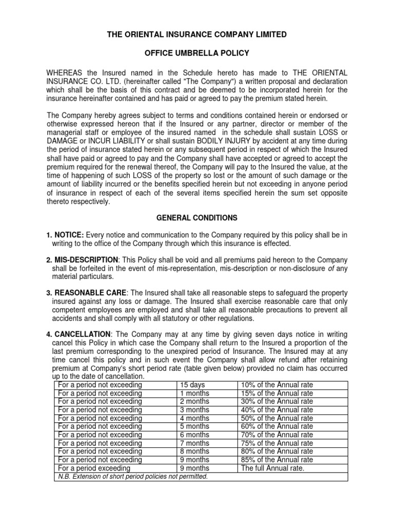 Oriental Insurance Office Umbrella Policy | PDF | Insurance | Indemnity