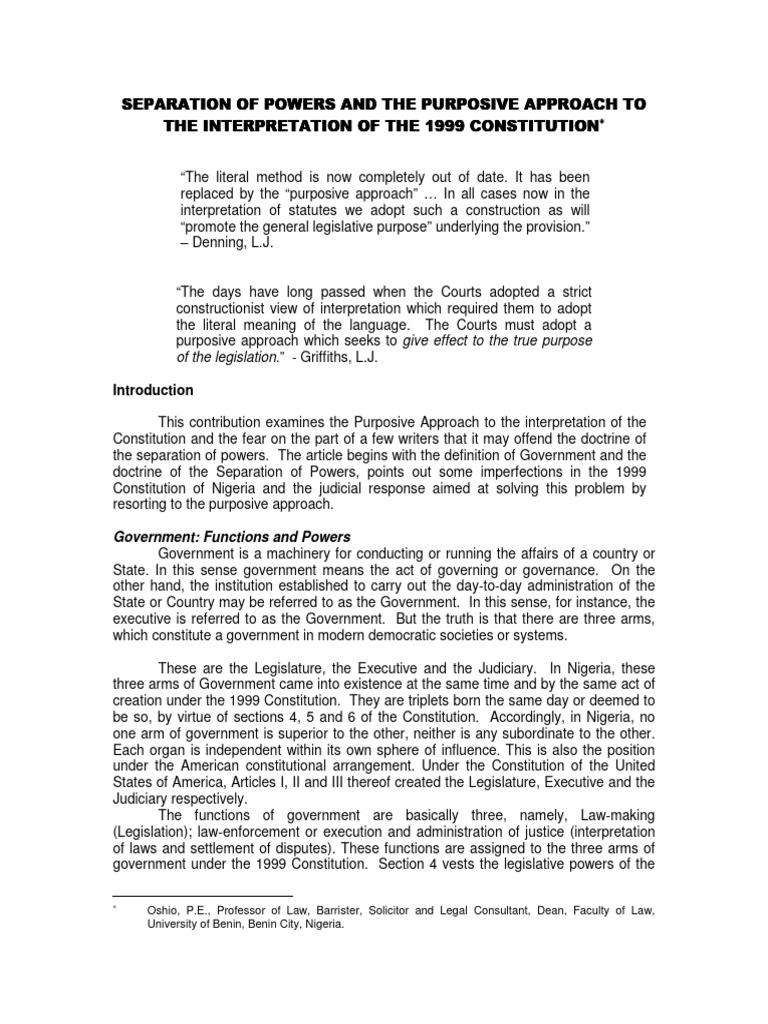 Purposive Approach in 1999 Constitution | PDF | Separation Of Powers ...