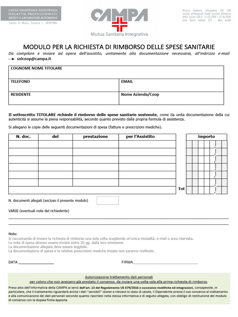 Modulo Rimborsi Solcoop Con Privacy | PDF
