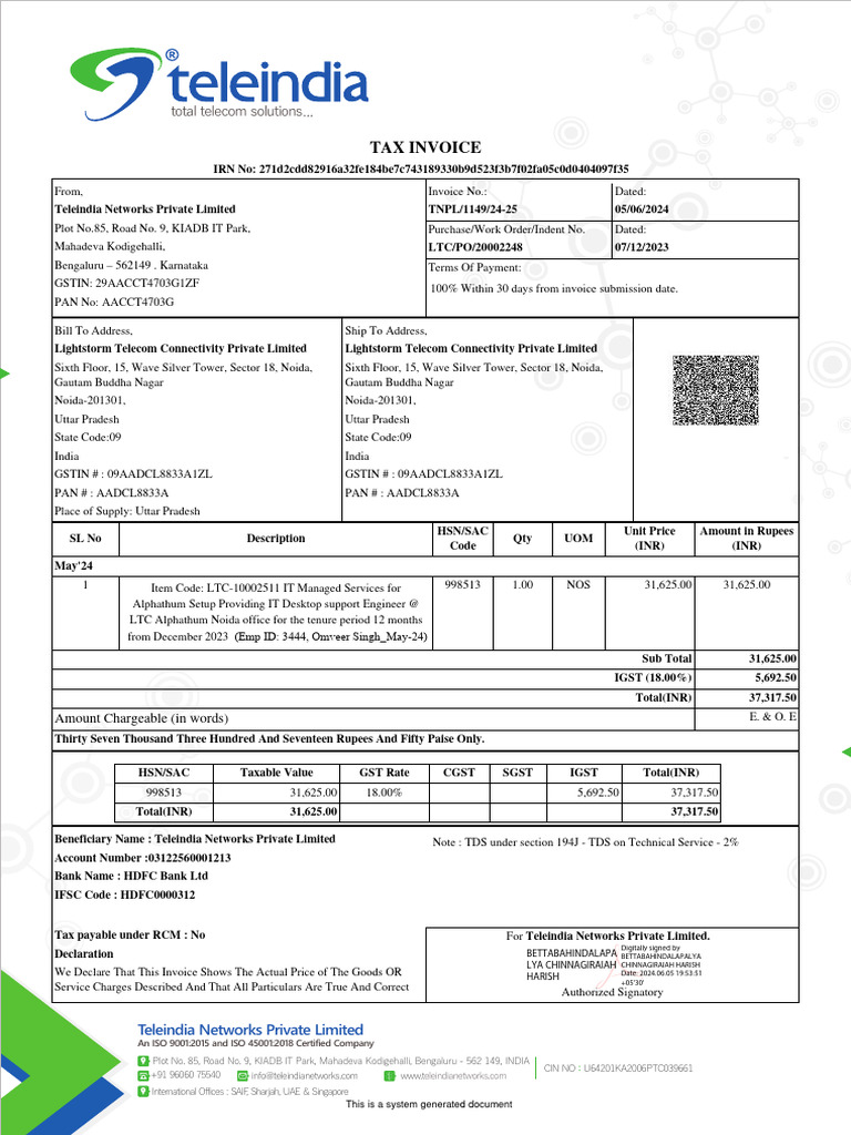 Invoice Tel TNPL - 1149 - 24 25 | PDF | Accounts Payable | Invoice