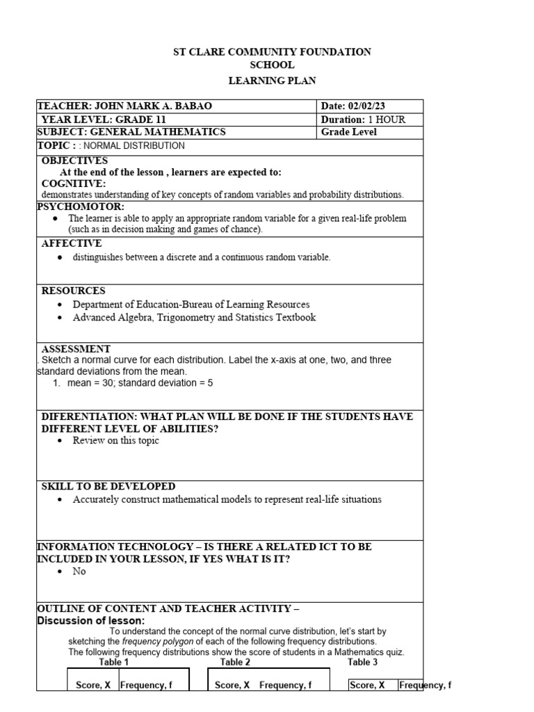 Grade 11 Normal Distribution Lesson Plan | PDF | Mode (Statistics) | Mean