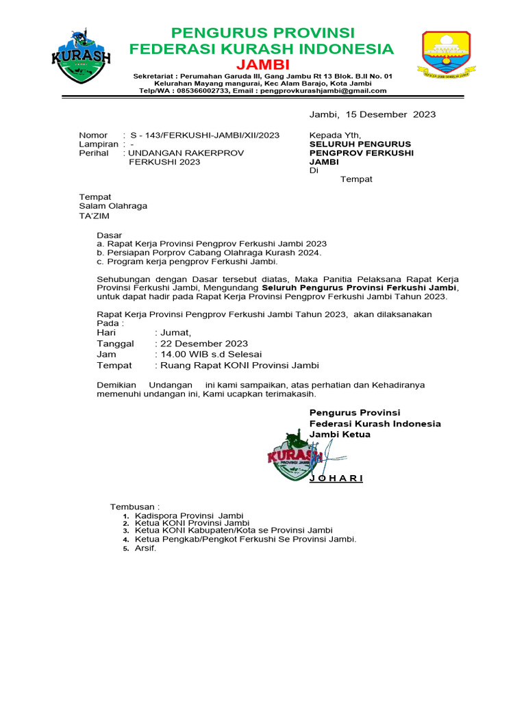 Undangan Rakerprov Ferkushi Jambi 2023 | PDF