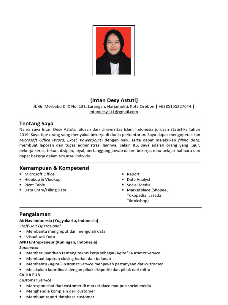 CV Intan Desy Astuti: Data Analyst | PDF | Bisnis