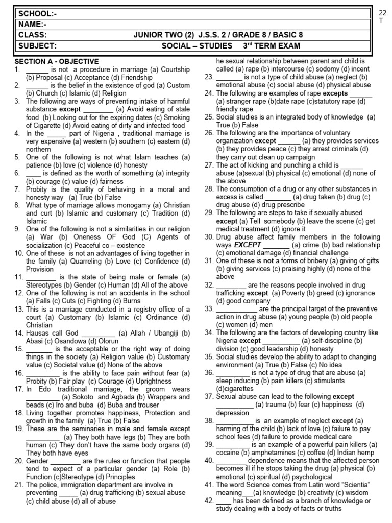 JSS2 Social Studies 3rd Term Exam | PDF | Rape | Child Abuse
