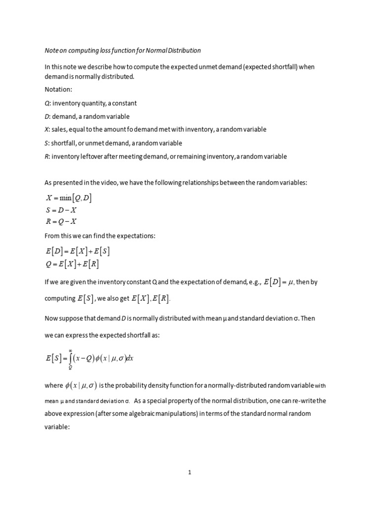 Note on computing loss function for normal demand pdf normal