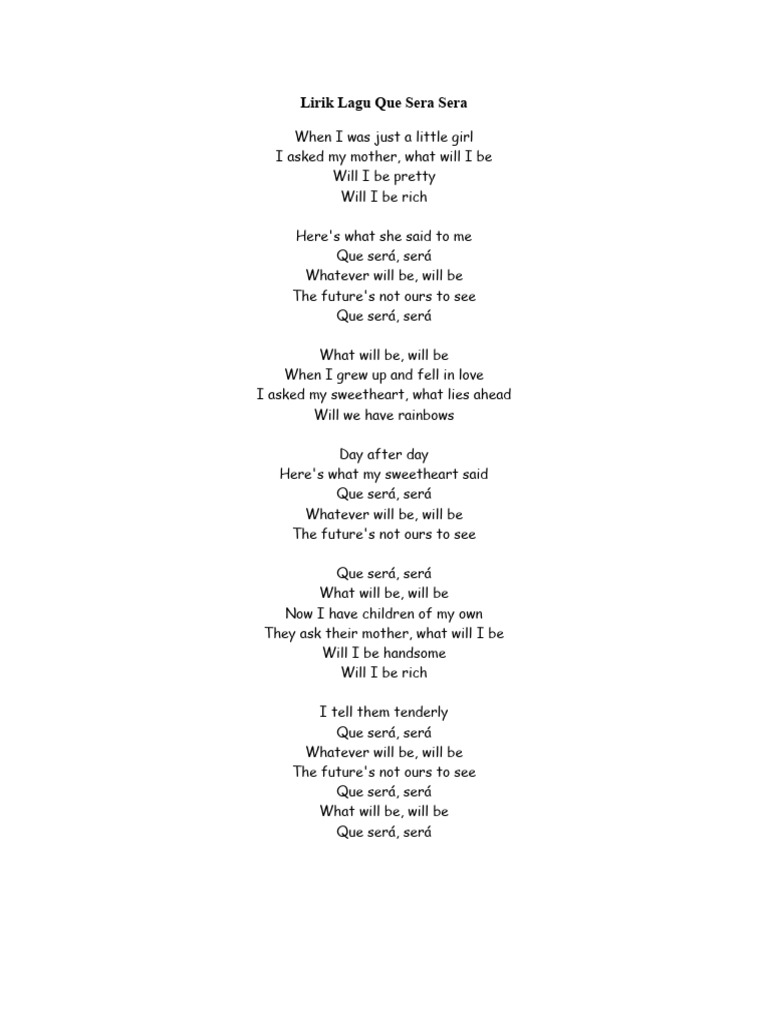 Lirik Lagu Que Sera Sera | PDF | Wellness