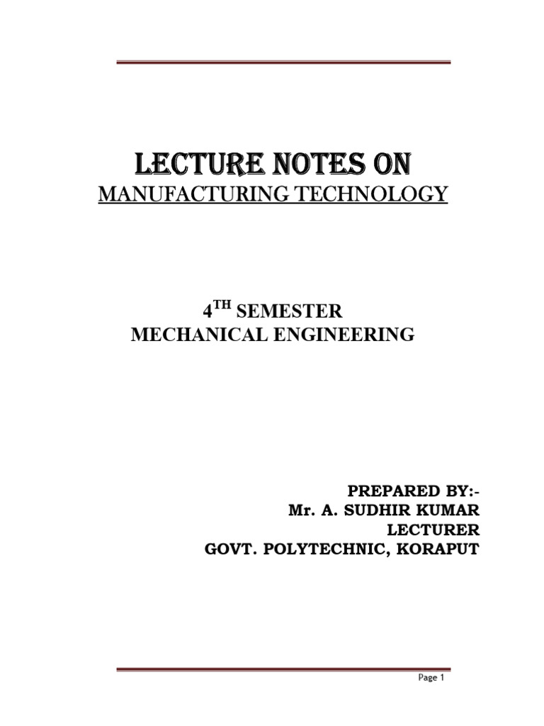 Manufacturing Technology Lecture Notes | PDF | Steel | Machining