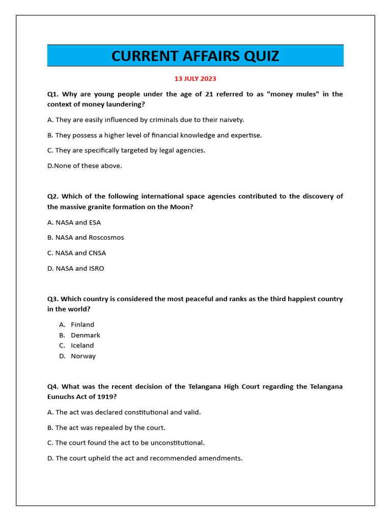 July 2023 Current Affairs Quiz | PDF | Moon | Volcano