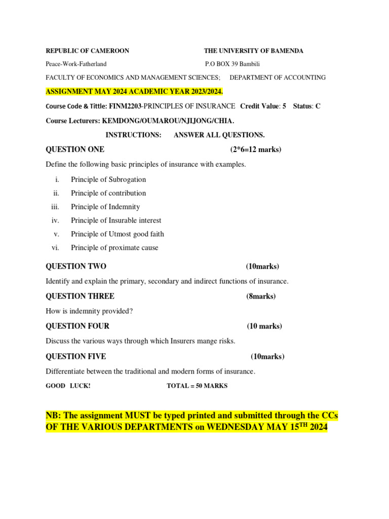 Principles of Insurance Assignment 2024 | PDF | Finance & Money Management