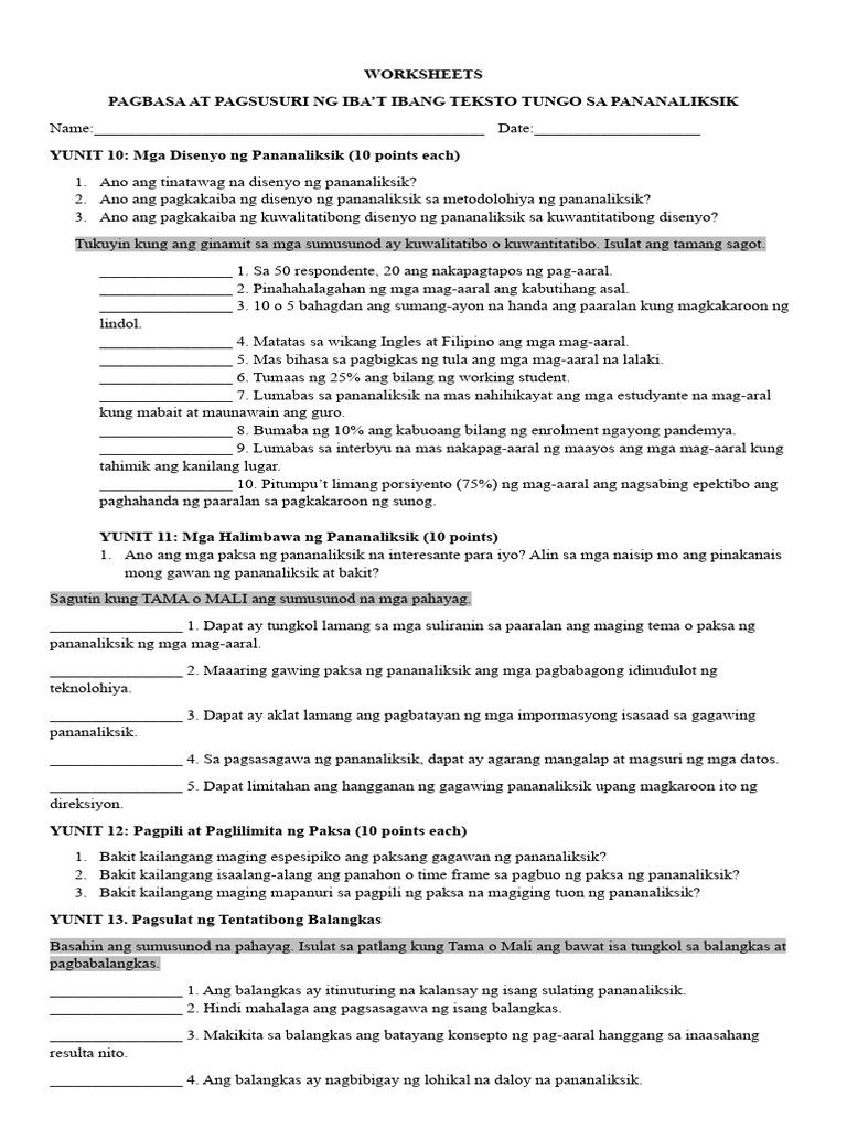 Worksheets - Pagbasa at Pagsusuri | PDF