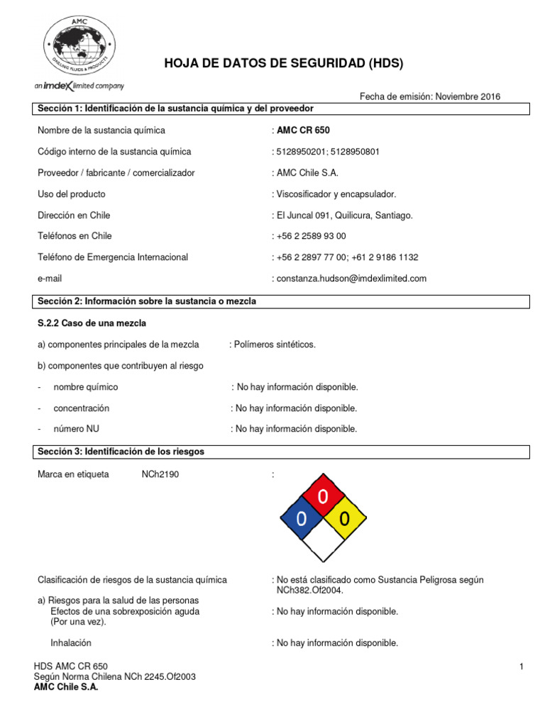 HDS AMC CR 650: Seguridad y Manejo | PDF | Residuos | Agua