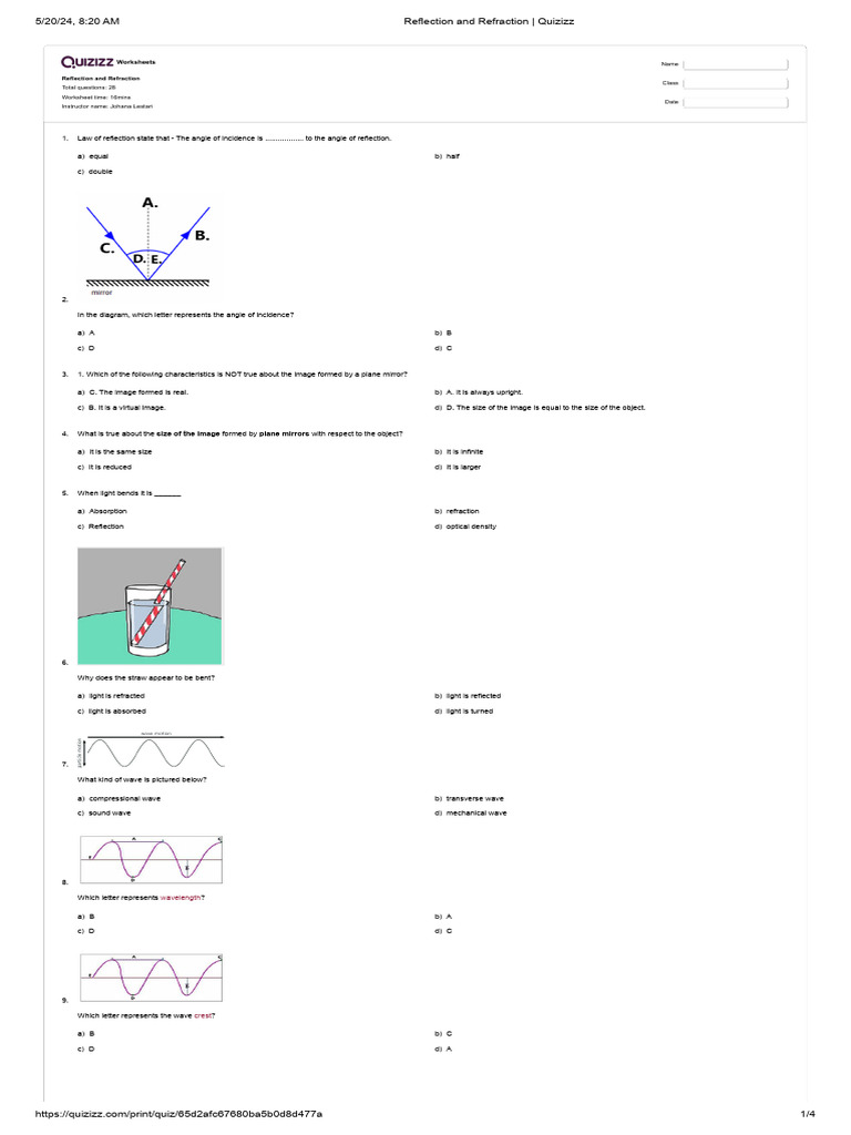 Reflection and refraction quizizz download free pdf refraction