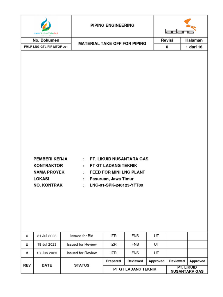 FMLP LNG GTL Pip Mtof 001 Material Take Off For Piping Download Free