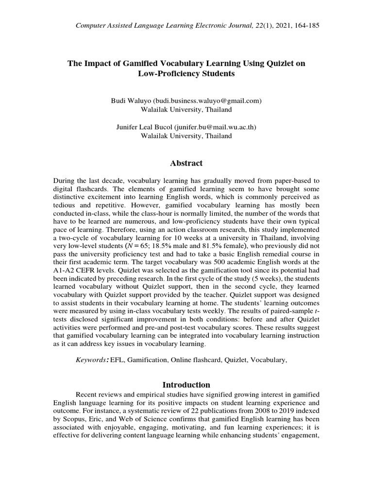 The Impact Of Gamified Vocabulary Learning Using Quizlet Pdf