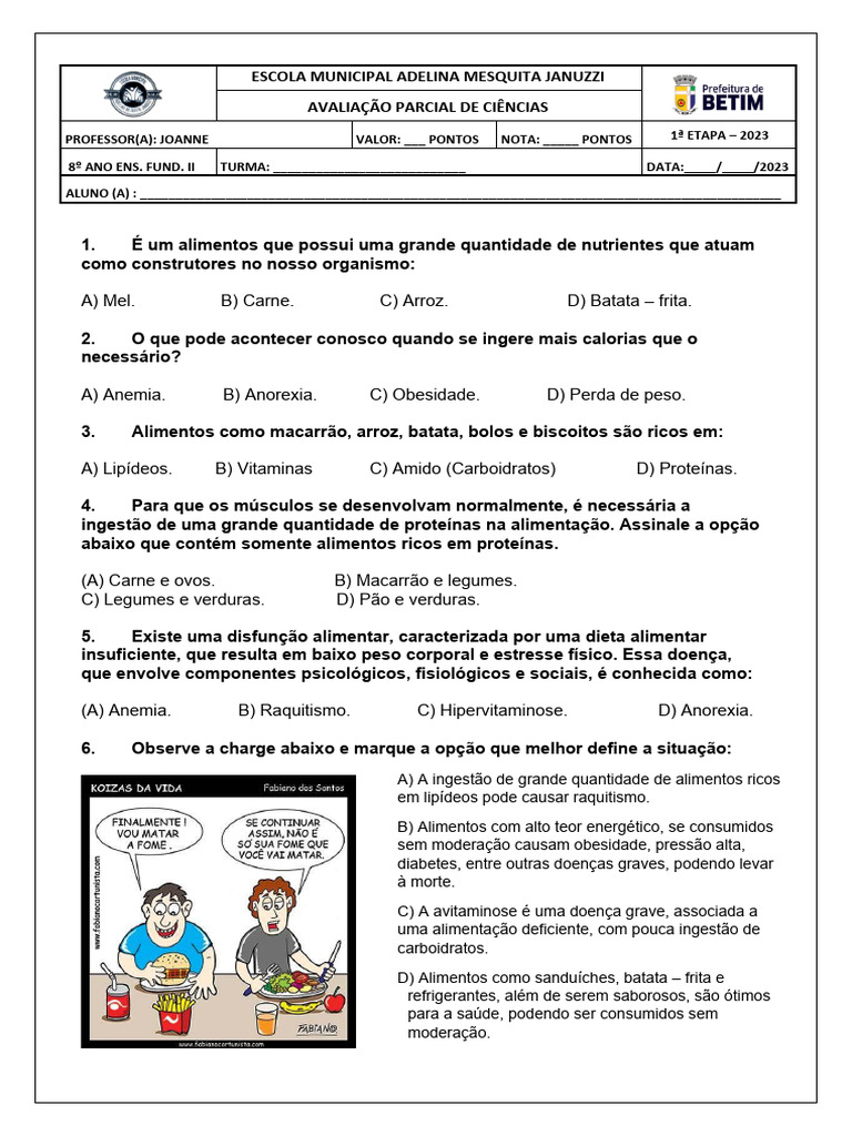 Questões sobre Alimentos e Nutrientes 8º Ano | PDF | Alimentos | Nutrientes