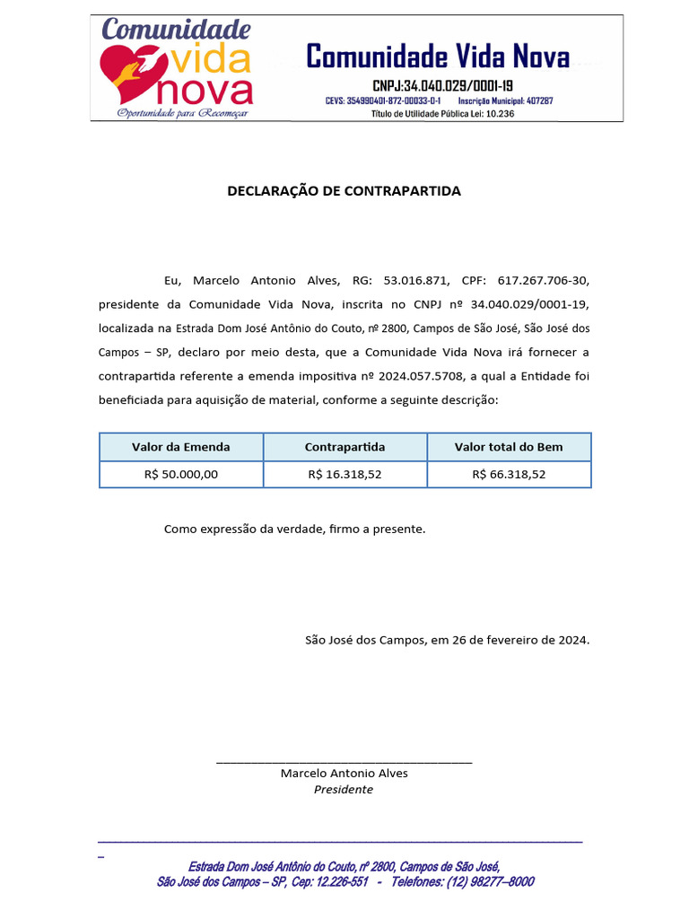 Declaração de Contrapartida Emenda 2024 | PDF