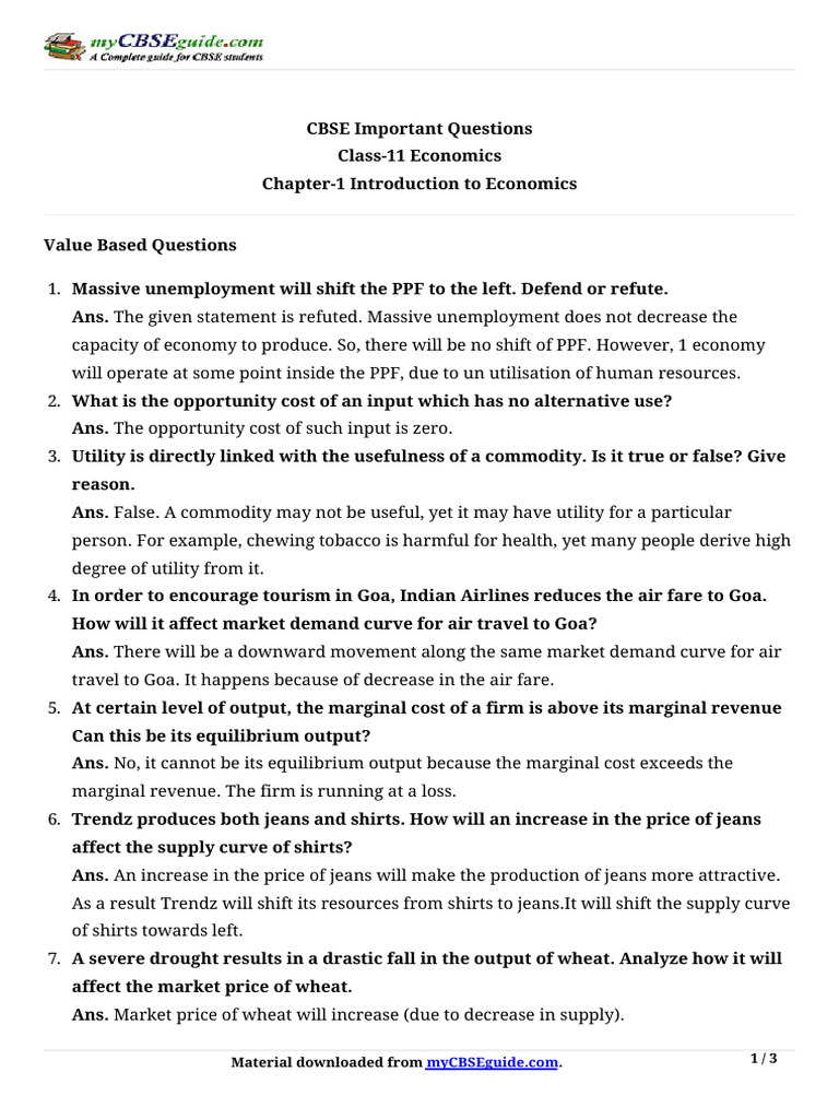 Class 11 Microeconomics Chapter 1 Q&A | PDF | Monopoly | Economic ...