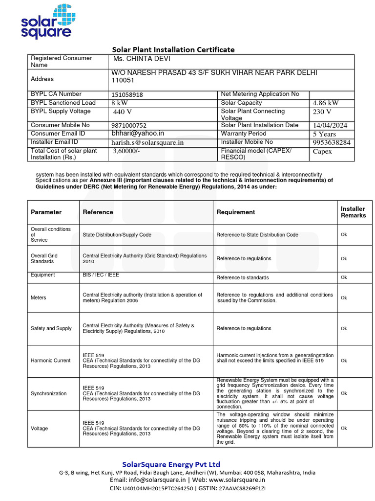 Solar Plant Installation Certificate | PDF | Electrical Grid | Electricity