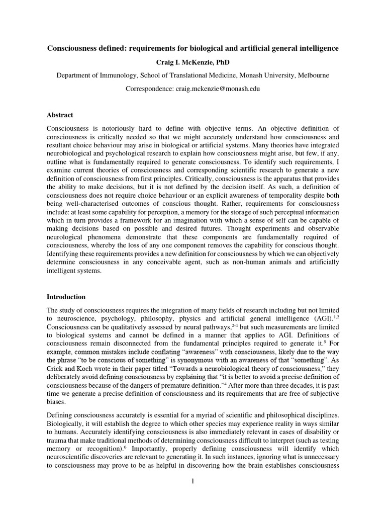 Consciousness defined requirements for biological and artificial