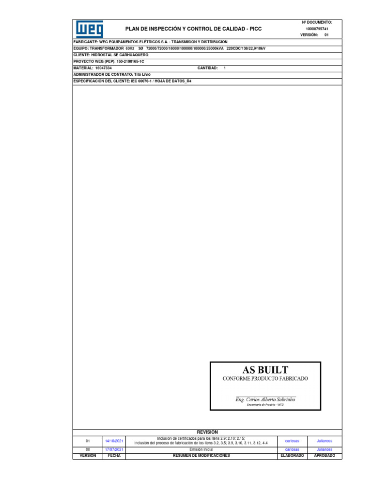 Plan de Inspección y Control de Calidad | PDF | Aislador (Electricidad ...