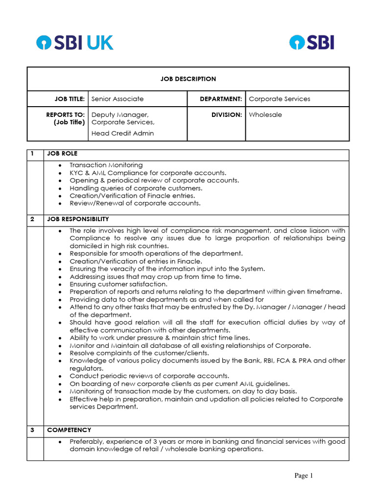 Senior Associate Job Description - SBI | PDF | Regulatory Compliance ...