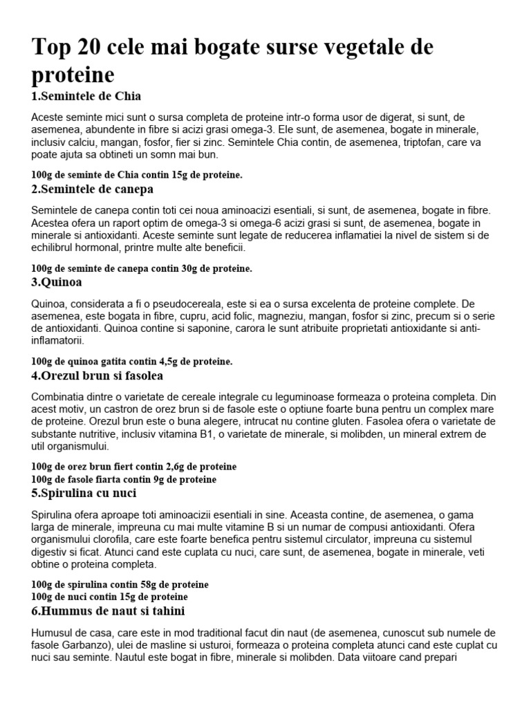 Top 20 Cele Mai Bogate Surse Vegetale de Proteine | PDF