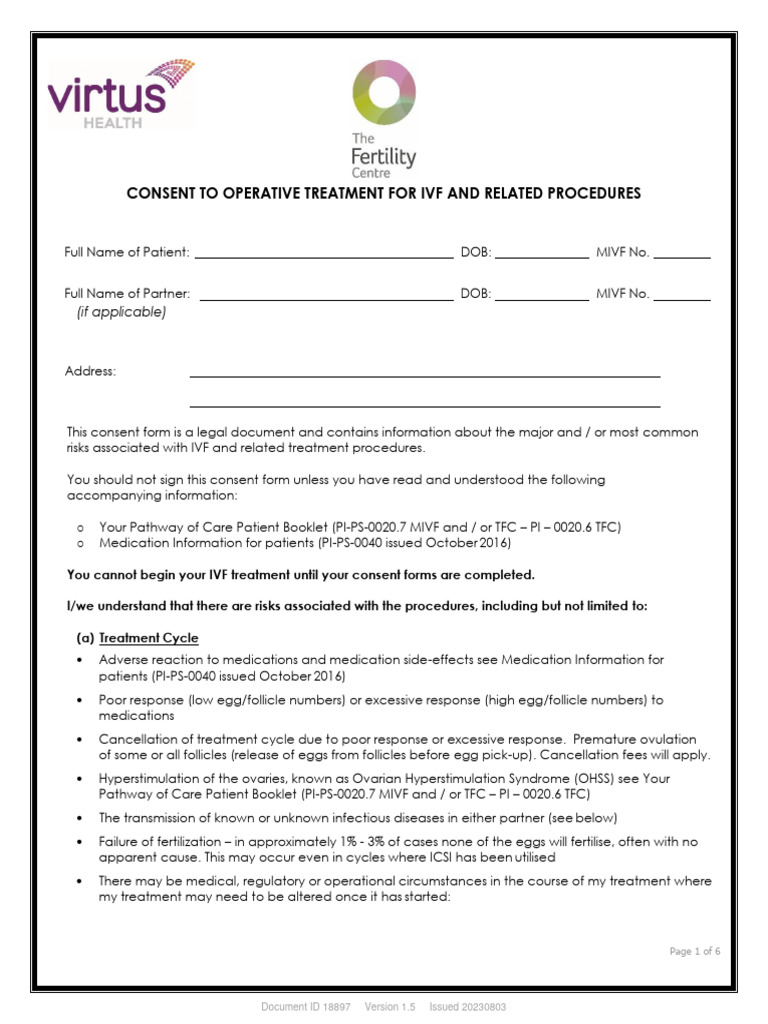VIC - Consent To Operative Treatment For IVF & Related Procedures TFC ...