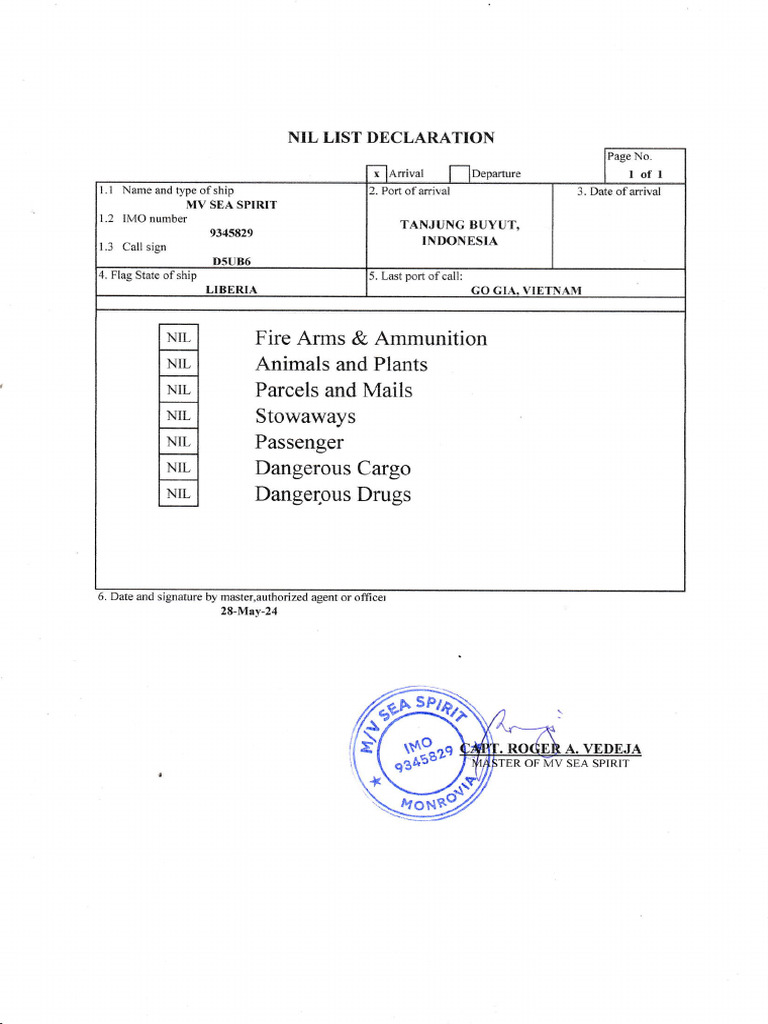 NIL List Declaration for MV Sea Spirit | PDF